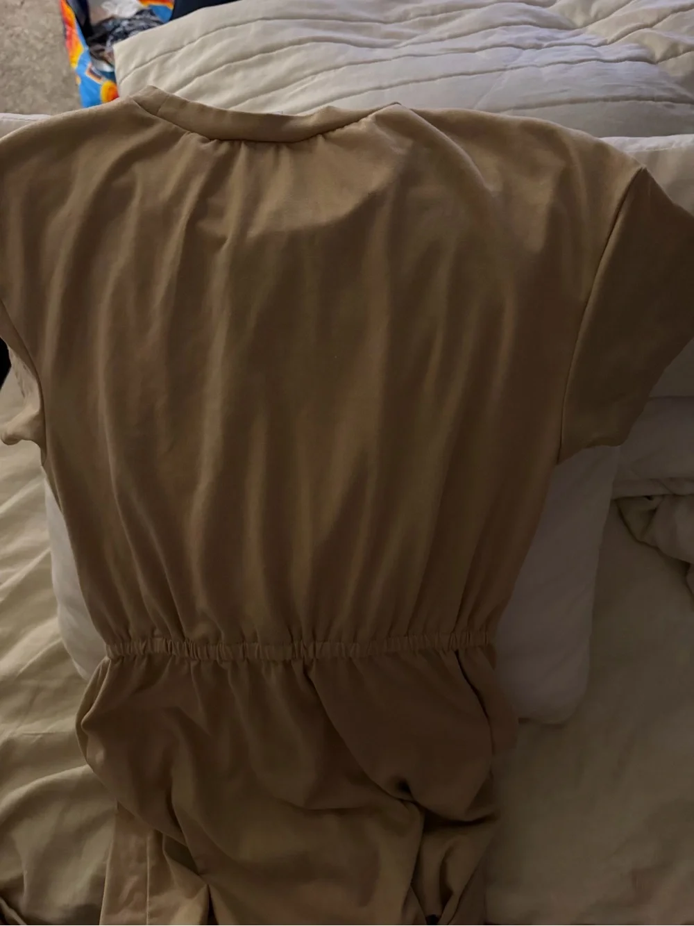 Guess Beige Short Sleeve Drawstring Dress with Rhinestone Logo
